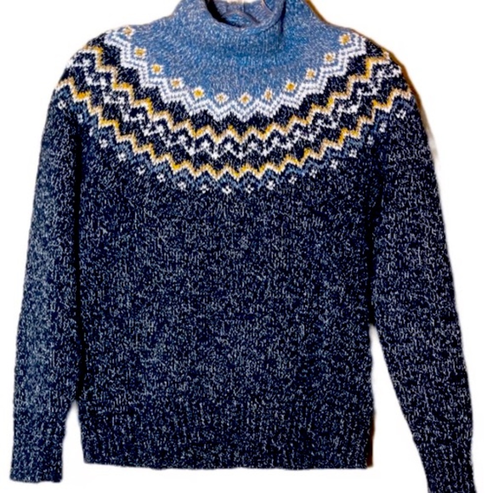 Women's LL Bean Petite Cotton Fair Isle Funnel Neck Pullover Sweater